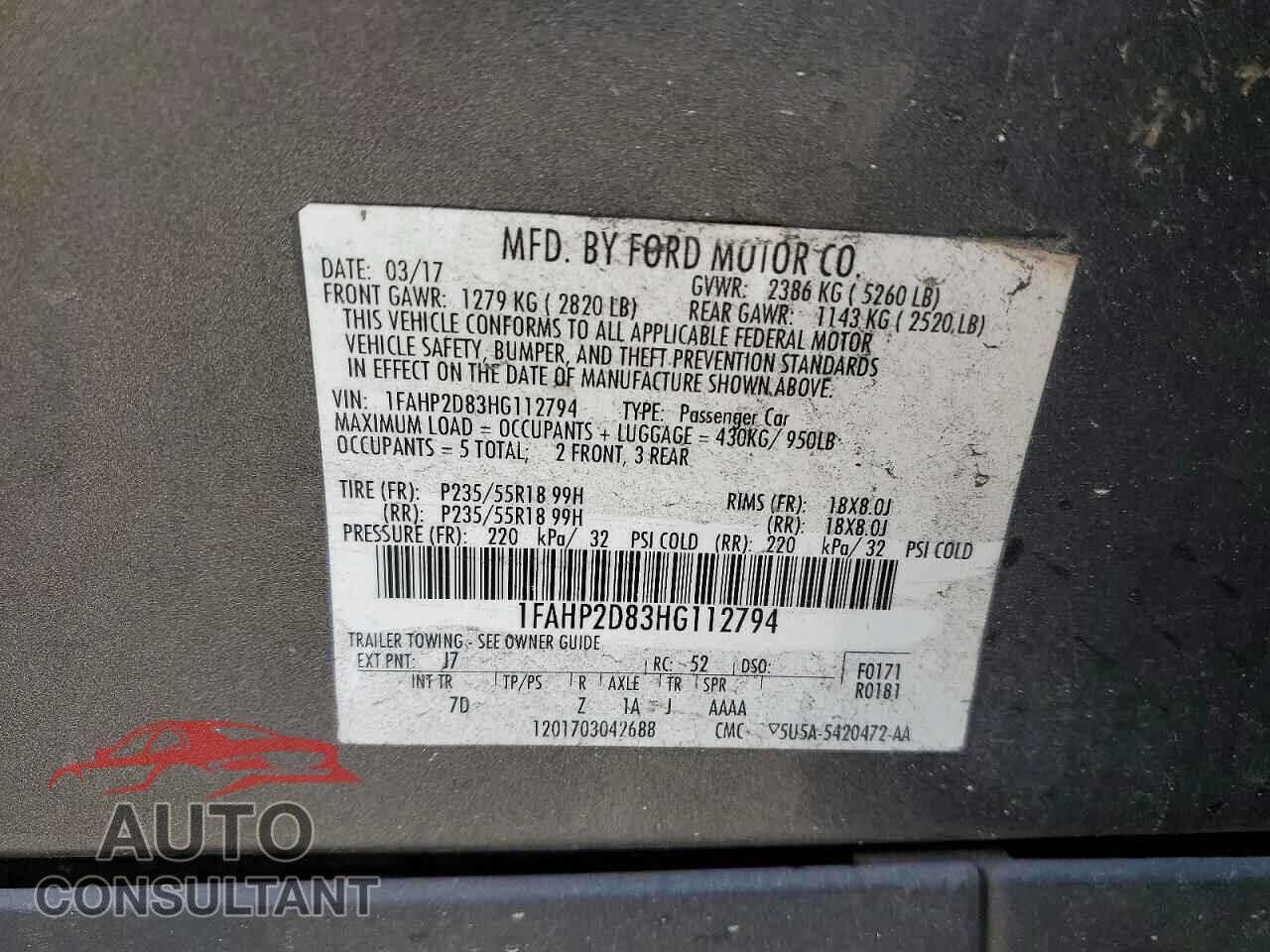 FORD TAURUS 2017 - 1FAHP2D83HG112794