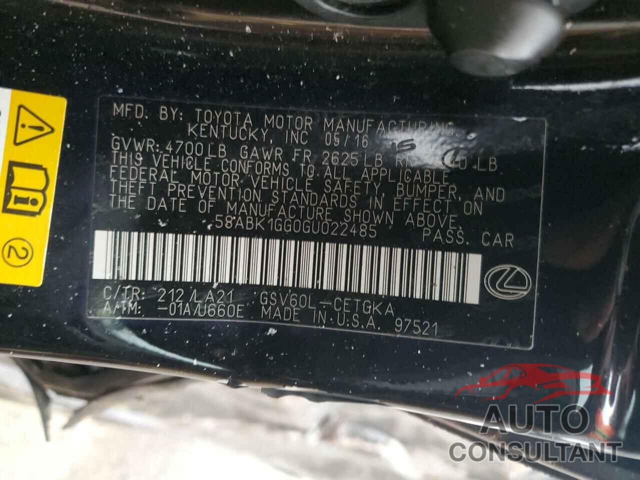 LEXUS ES350 2016 - 58ABK1GG0GU022485