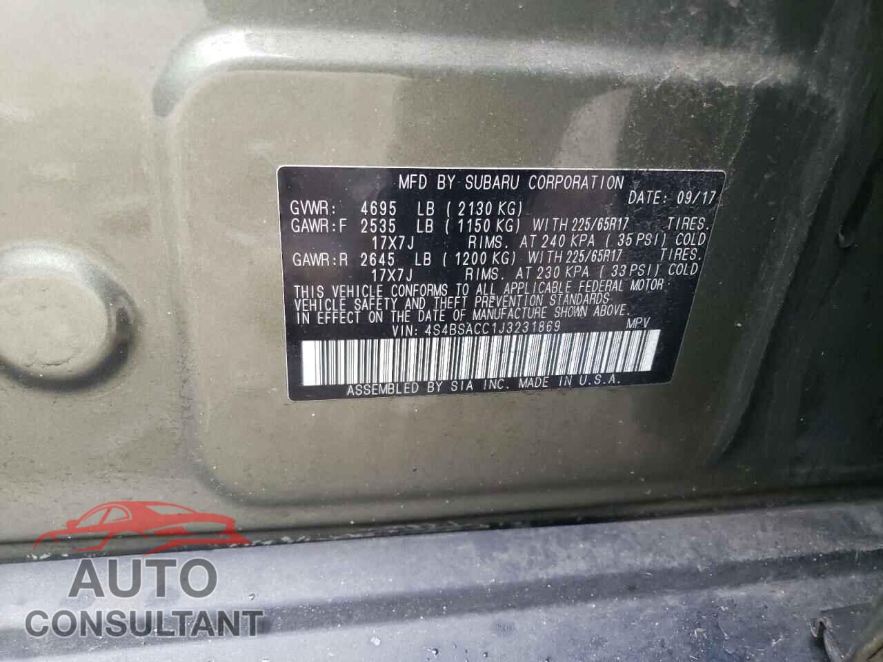 SUBARU OUTBACK 2018 - 4S4BSACC1J3231869