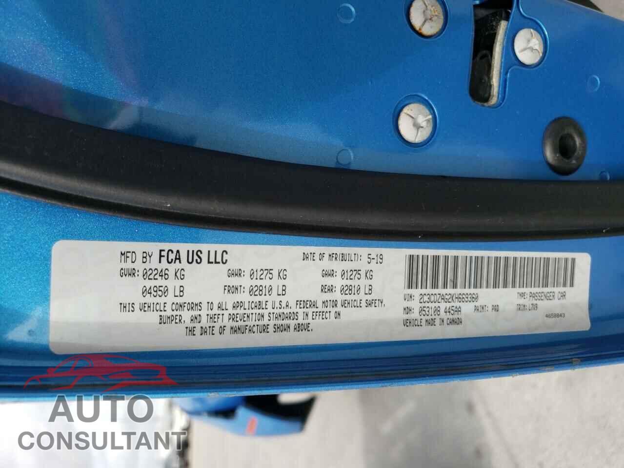 DODGE CHALLENGER 2019 - 2C3CDZAG2KH669360