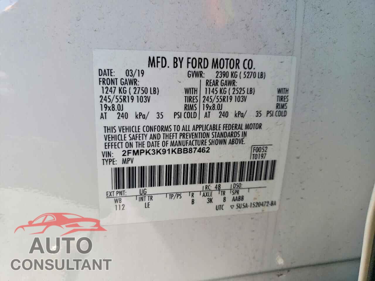 FORD EDGE 2019 - 2FMPK3K91KBB87462