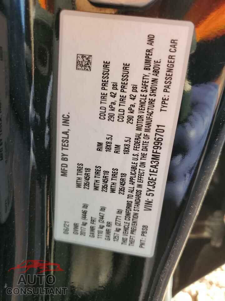 TESLA MODEL 3 2021 - 5YJ3E1EA3MF996701