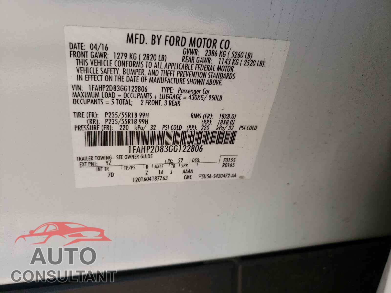 FORD TAURUS 2016 - 1FAHP2D83GG122806