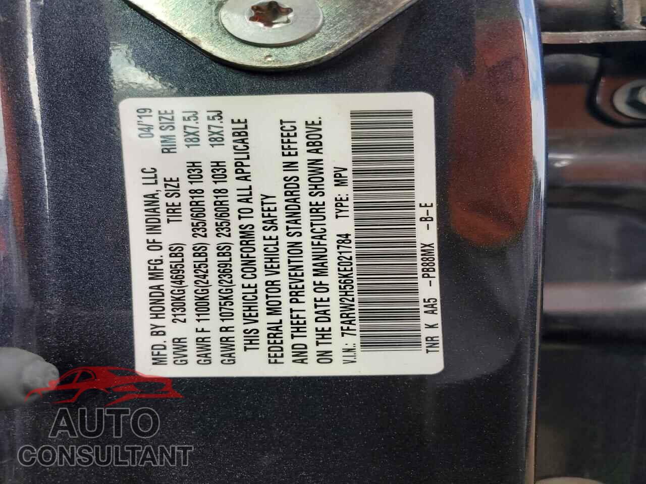 HONDA CRV 2019 - 7FARW2H56KE021784