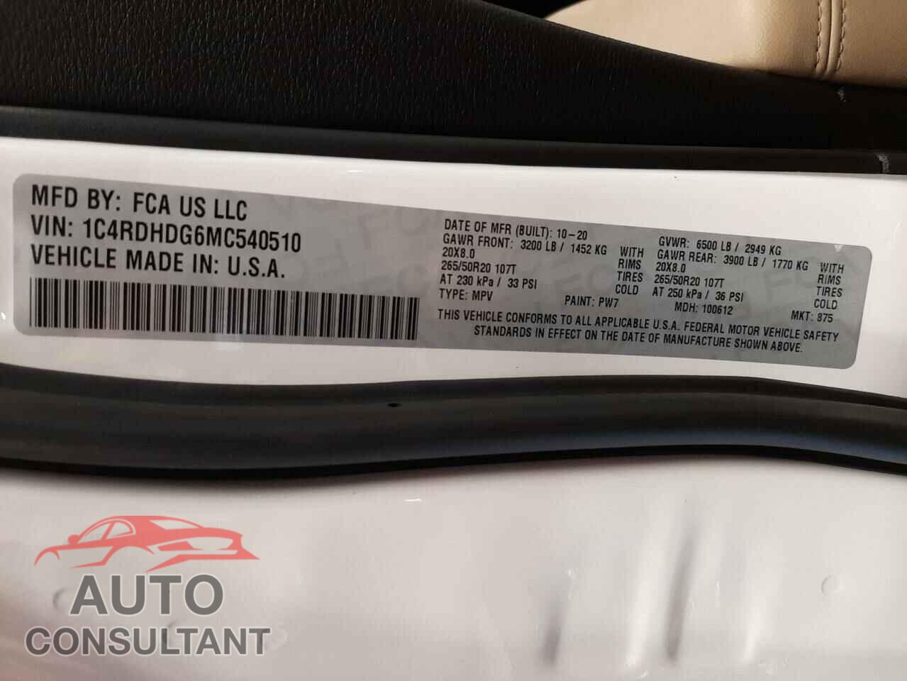 DODGE DURANGO 2021 - 1C4RDHDG6MC540510