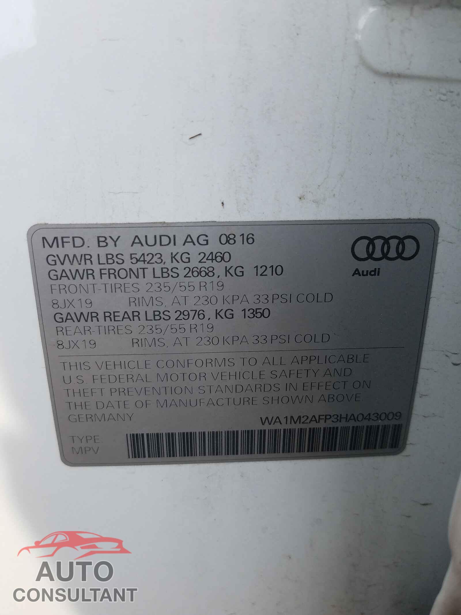 AUDI Q5 2017 - WA1M2AFP3HA043009