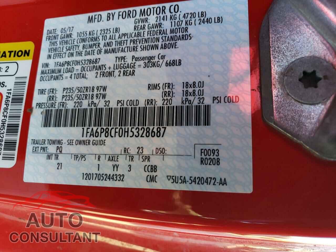 FORD MUSTANG 2017 - 1FA6P8CF0H5328687