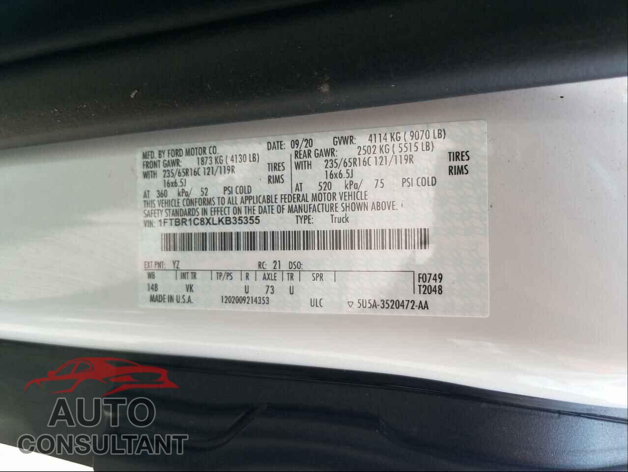 FORD TRANSIT CO 2020 - 1FTBR1C8XLKB35355