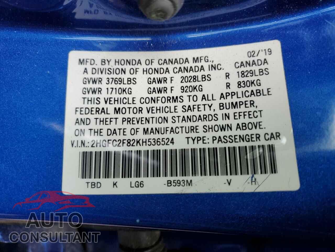 HONDA CIVIC 2019 - 2HGFC2F82KH536524