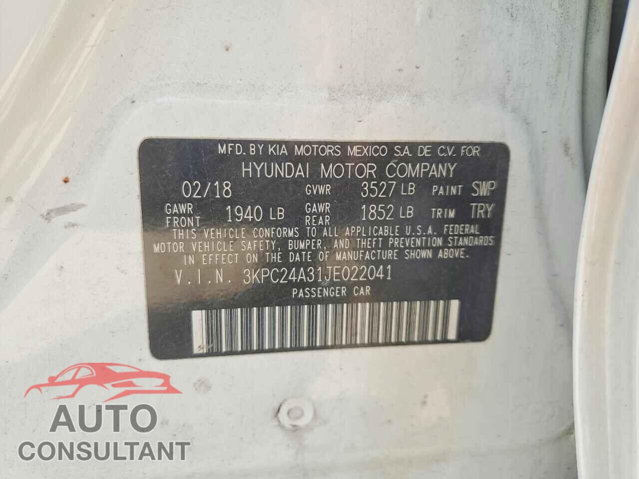 HYUNDAI ACCENT 2018 - 3KPC24A31JE022041
