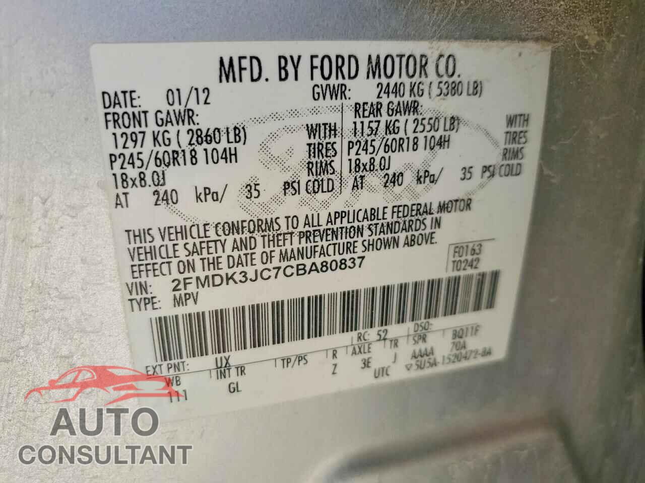 FORD EDGE SEL 2012 - 2FMDK3JC7CBA80837