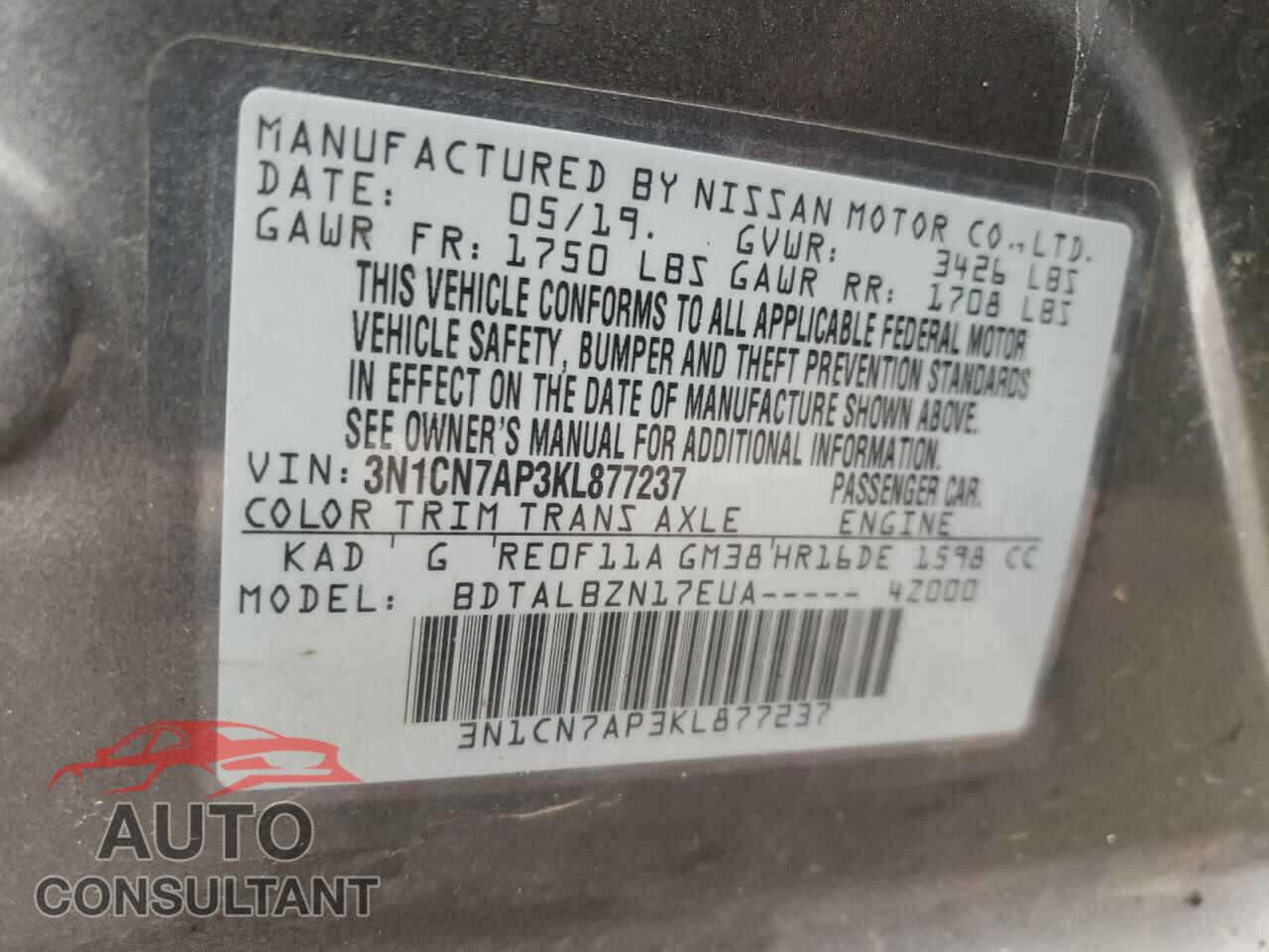 NISSAN VERSA 2019 - 3N1CN7AP3KL877237