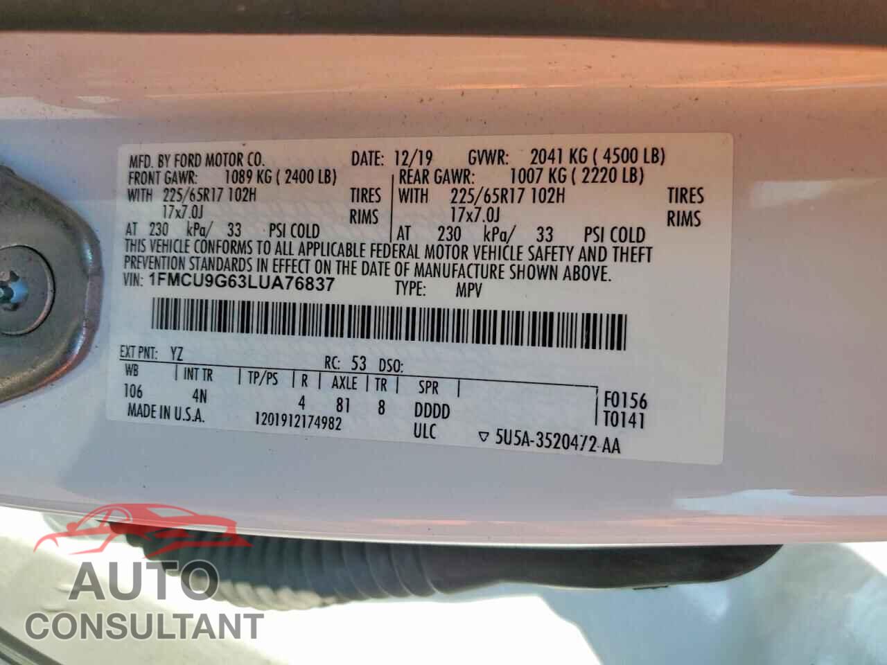 FORD ESCAPE 2020 - 1FMCU9G63LUA76837
