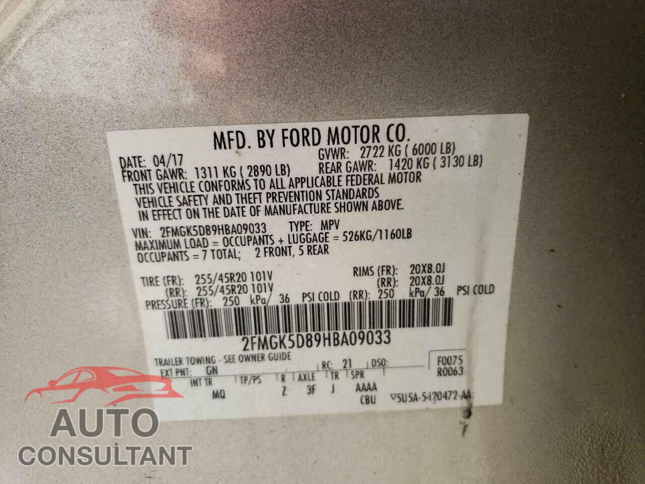 FORD FLEX 2017 - 2FMGK5D89HBA09033