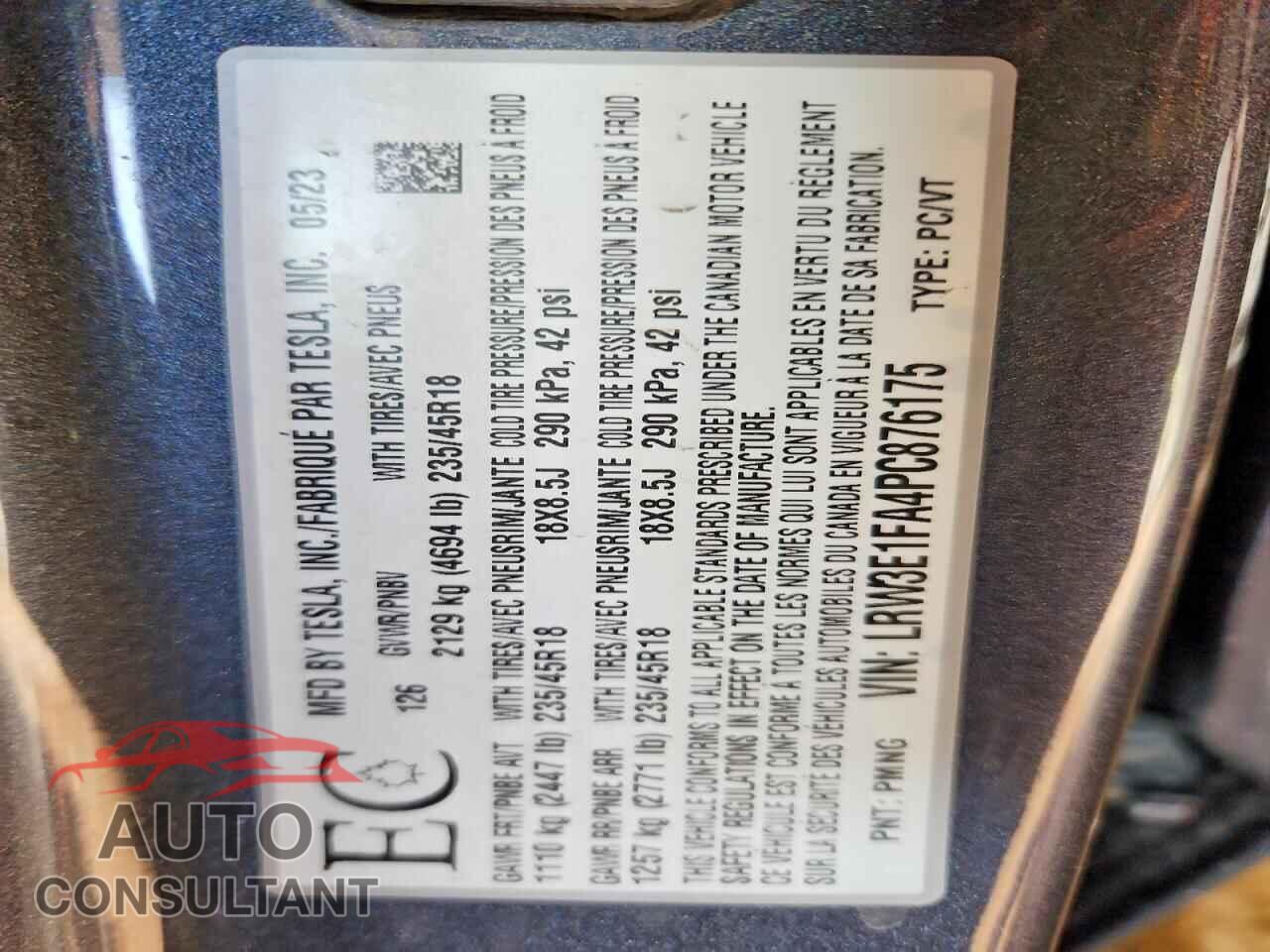 TESLA MODEL 3 2023 - LRW3E1FA4PC876175