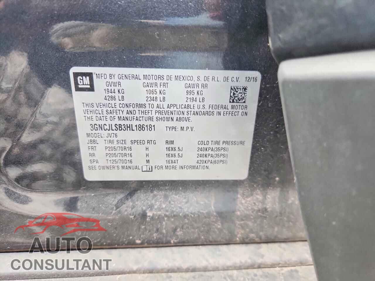 CHEVROLET TRAX 2017 - 3GNCJLSB3HL186181
