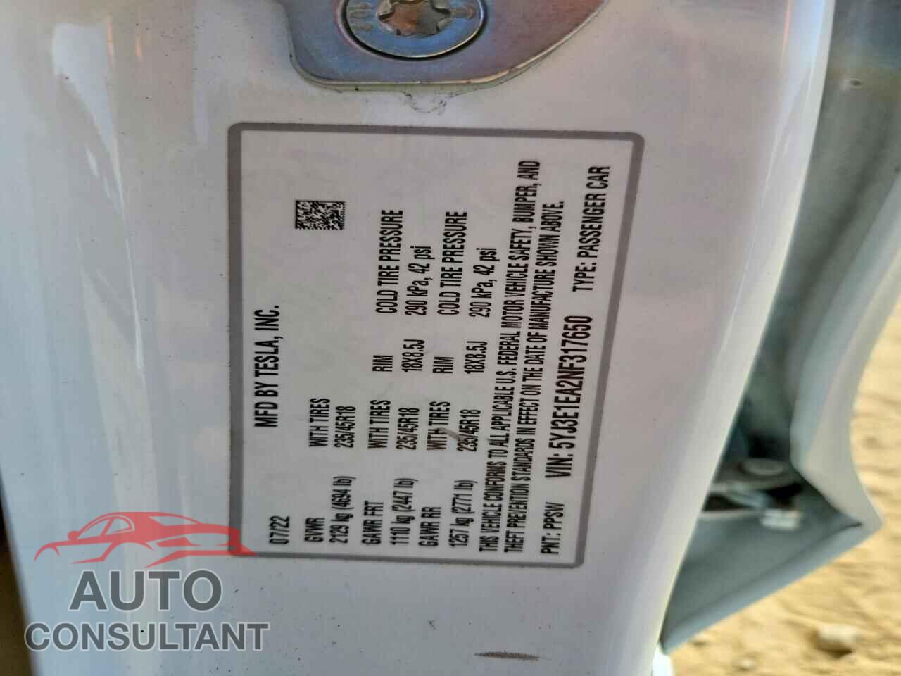 TESLA MODEL 3 2022 - 5YJ3E1EA2NF317650