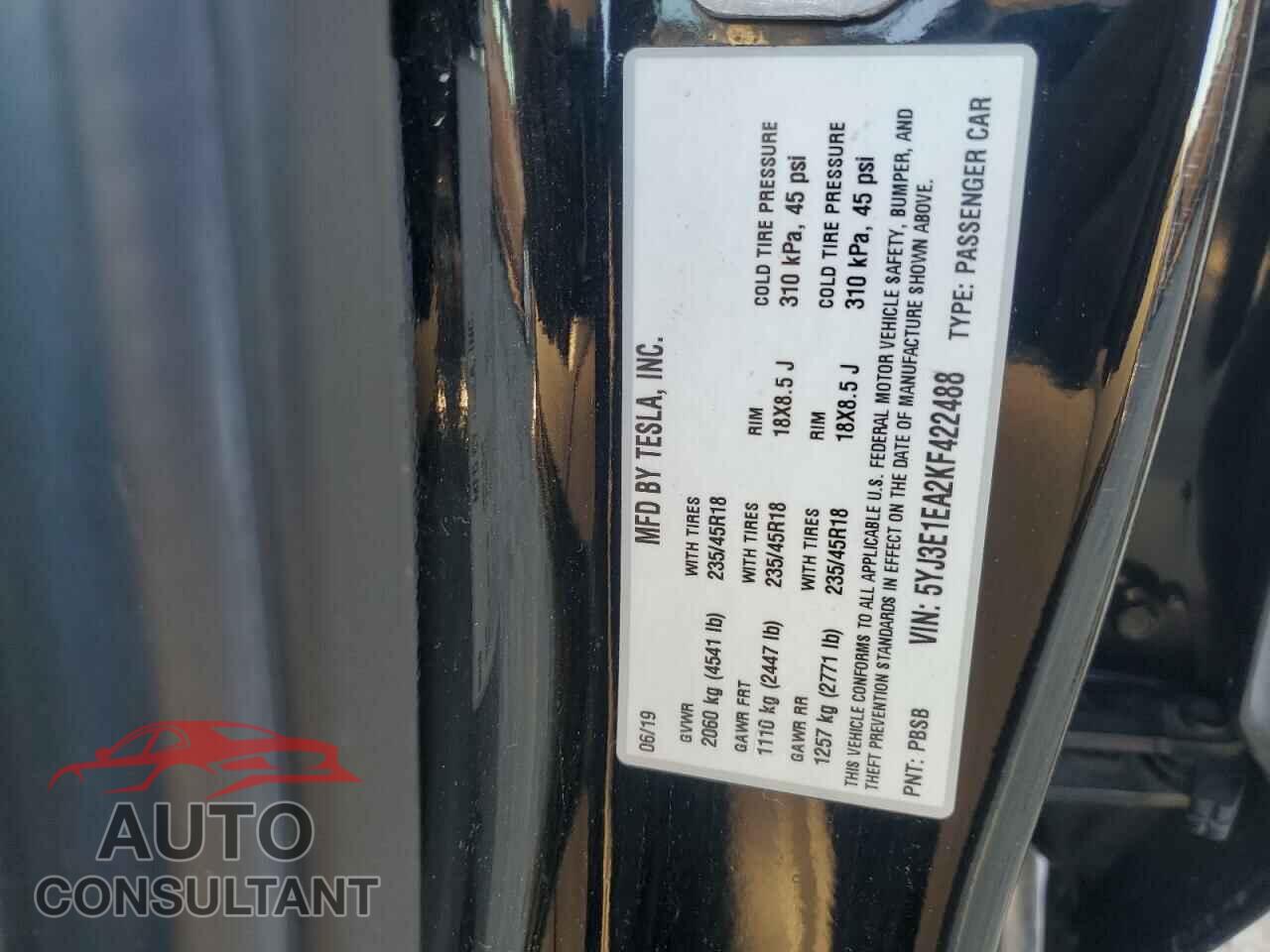TESLA MODEL 3 2019 - 5YJ3E1EA2KF422488