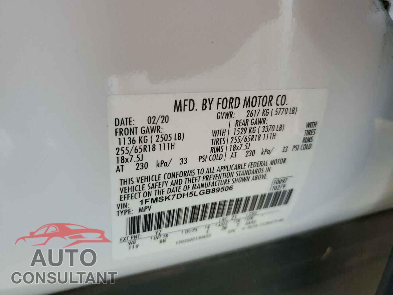 FORD EXPLORER 2020 - 1FMSK7DH5LGB89506