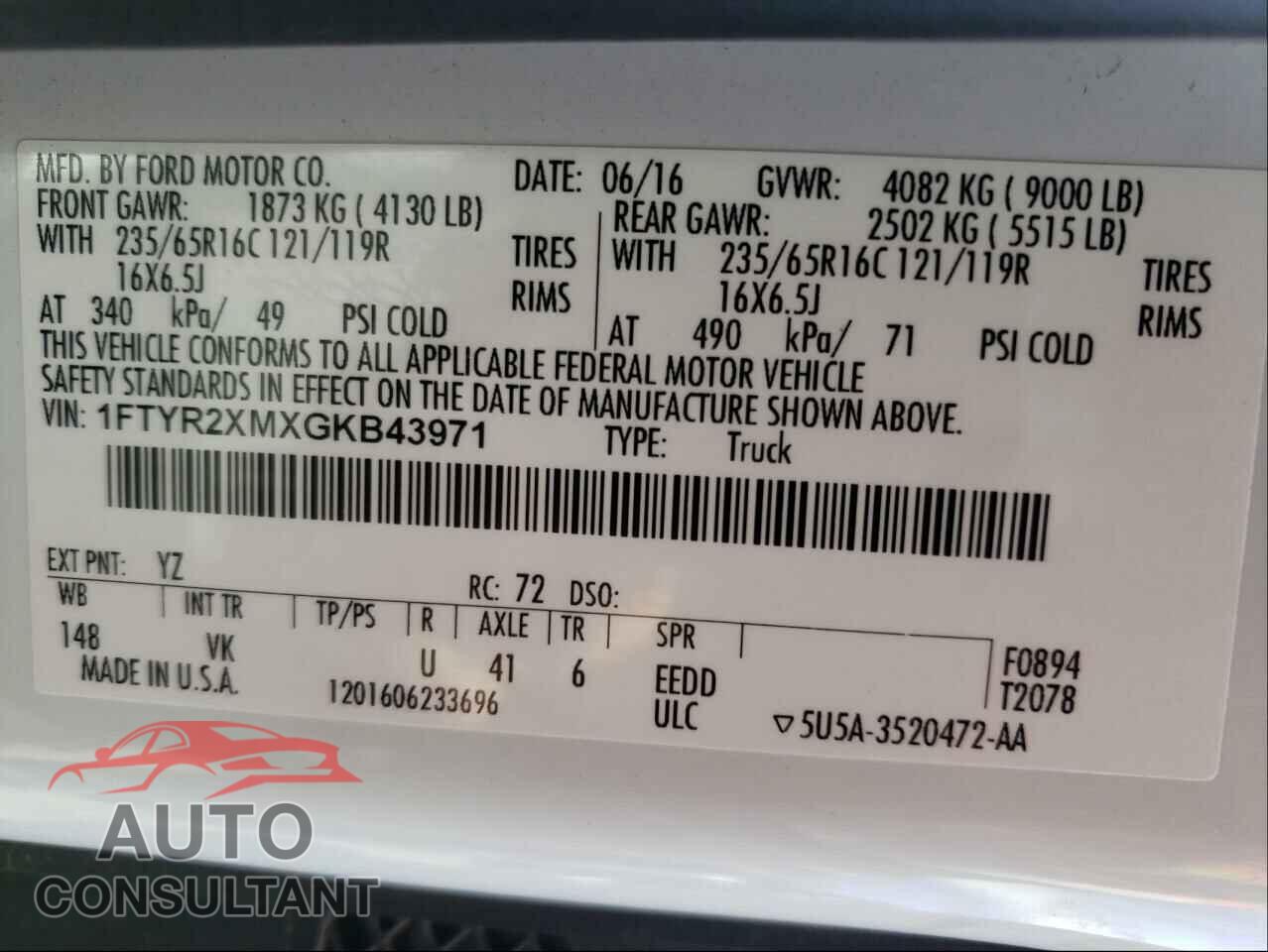 FORD TRANSIT CO 2016 - 1FTYR2XMXGKB43971