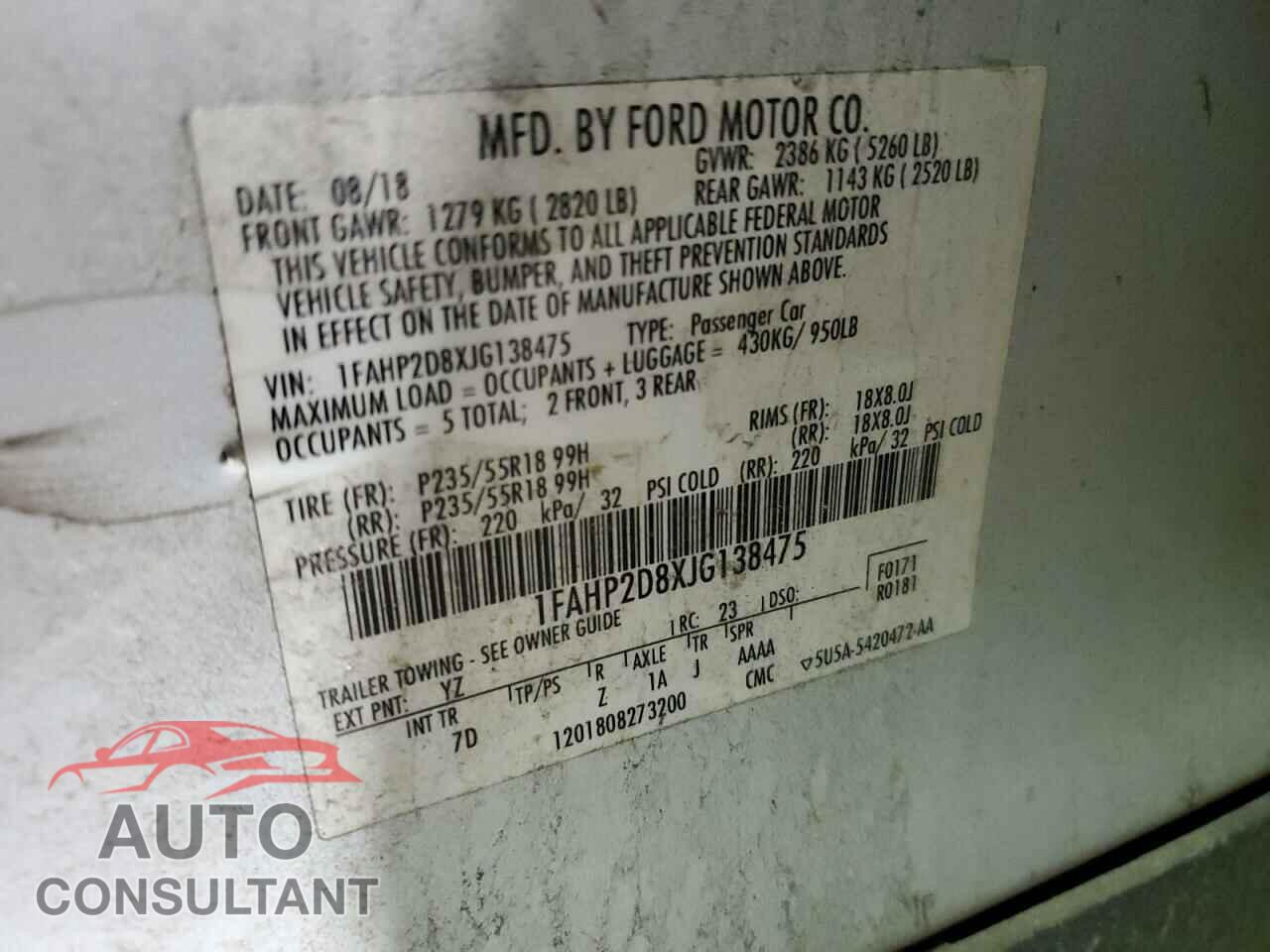 FORD TAURUS 2018 - 1FAHP2D8XJG138475
