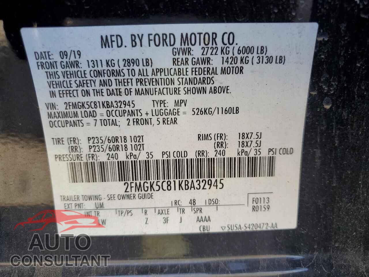 FORD FLEX 2019 - 2FMGK5C81KBA32945
