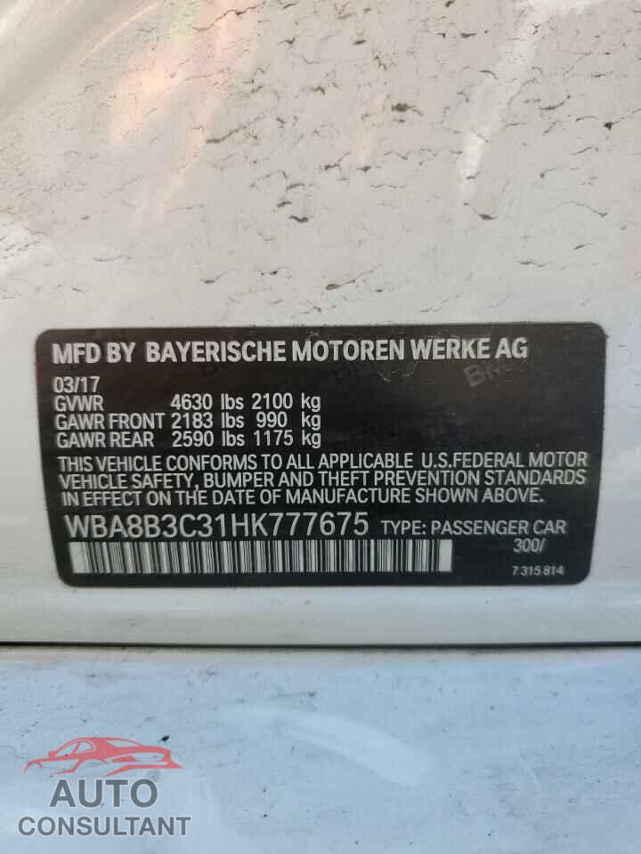 BMW 3 SERIES 2017 - WBA8B3C31HK777675