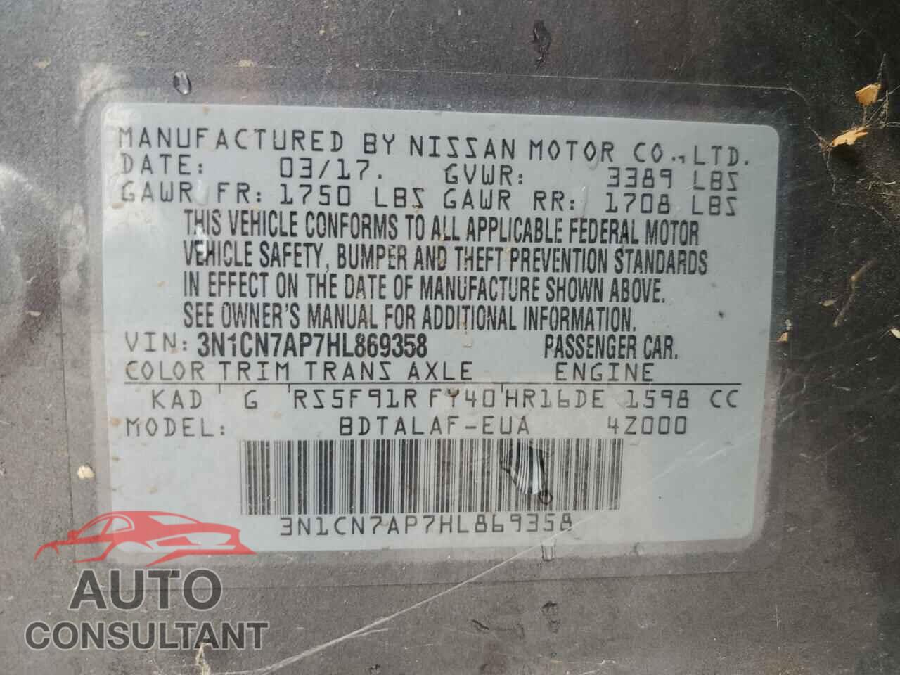NISSAN VERSA 2017 - 3N1CN7AP7HL869358