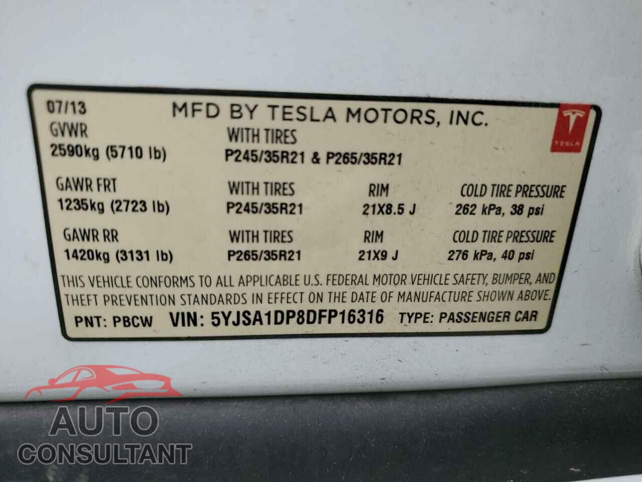 TESLA MODEL S 2013 - 5YJSA1DP8DFP16316