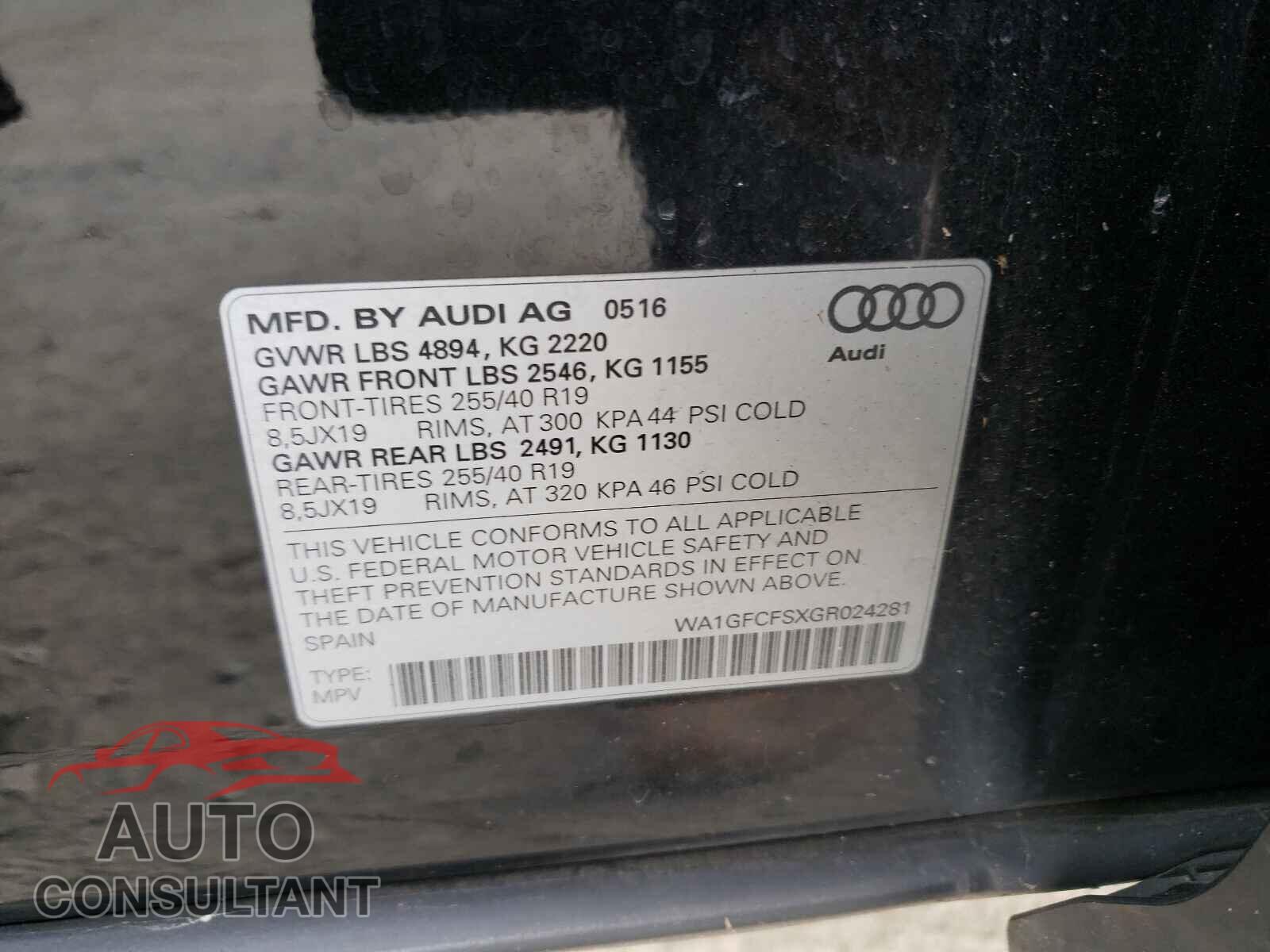 AUDI Q3 2016 - WA1GFCFSXGR024281
