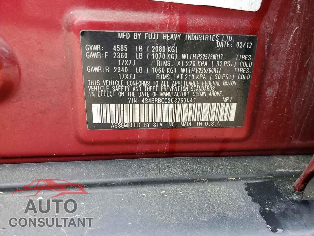 SUBARU OUTBACK 2012 - 4S4BRBCC2C3263041