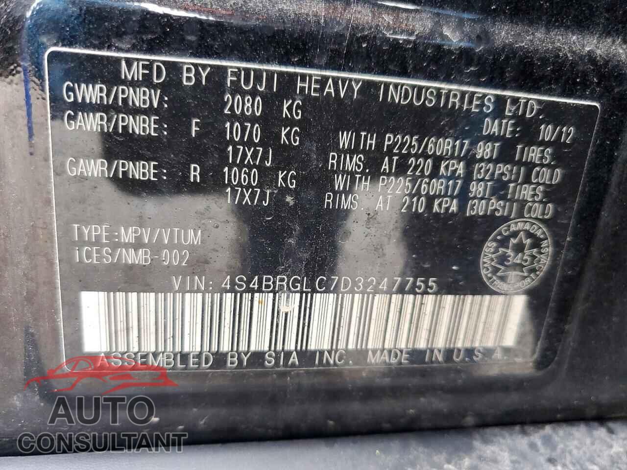 SUBARU OUTBACK 2013 - 4S4BRGLC7D3247755