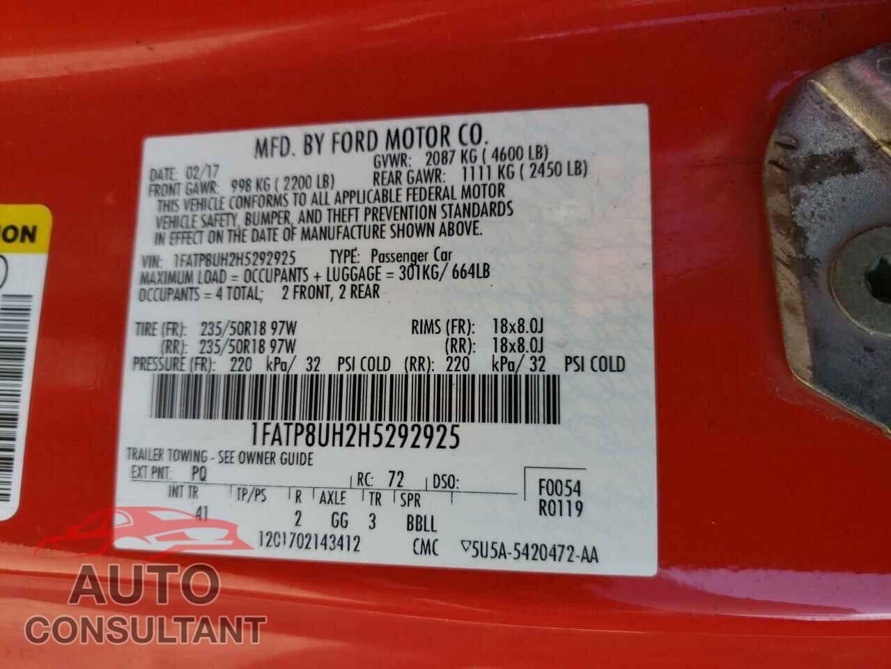 FORD MUSTANG 2017 - 1FATP8UH2H5292925