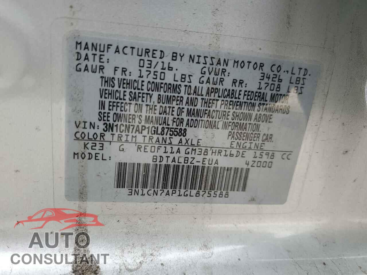 NISSAN VERSA 2016 - 3N1CN7AP1GL875588