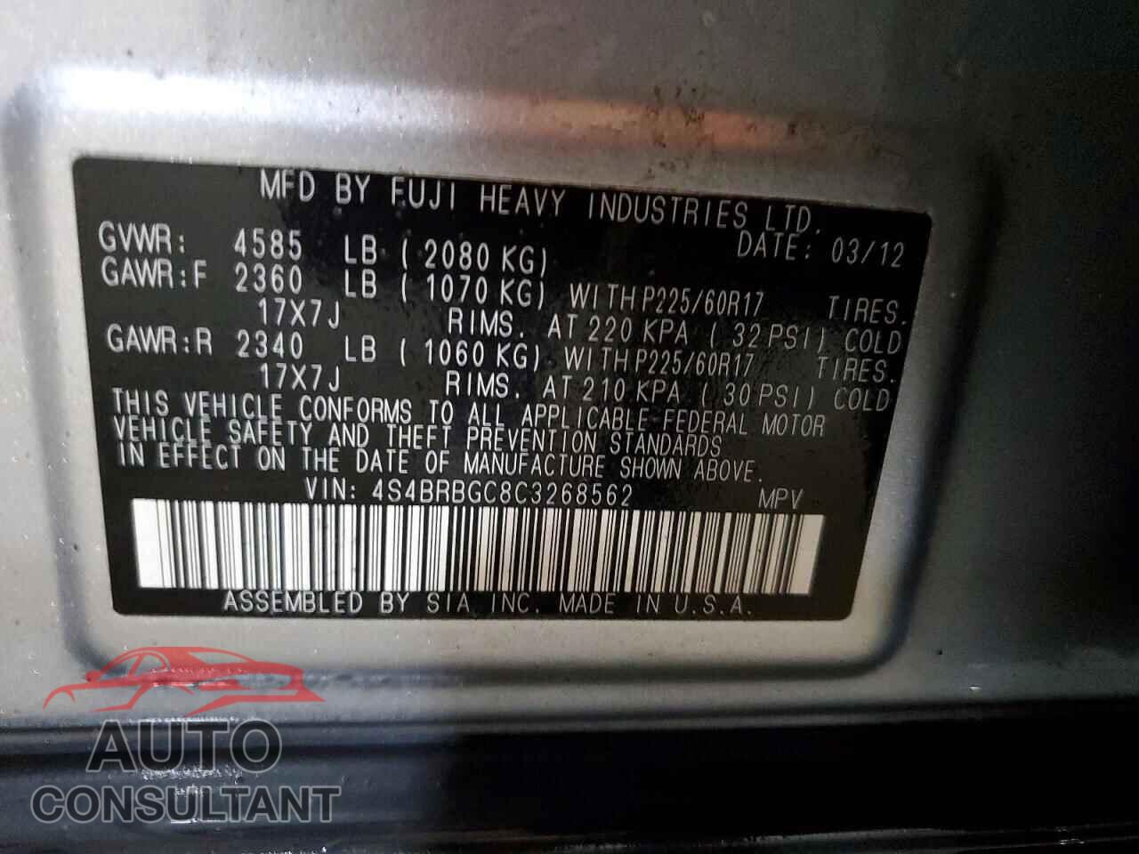 SUBARU OUTBACK 2012 - 4S4BRBGC8C3268562