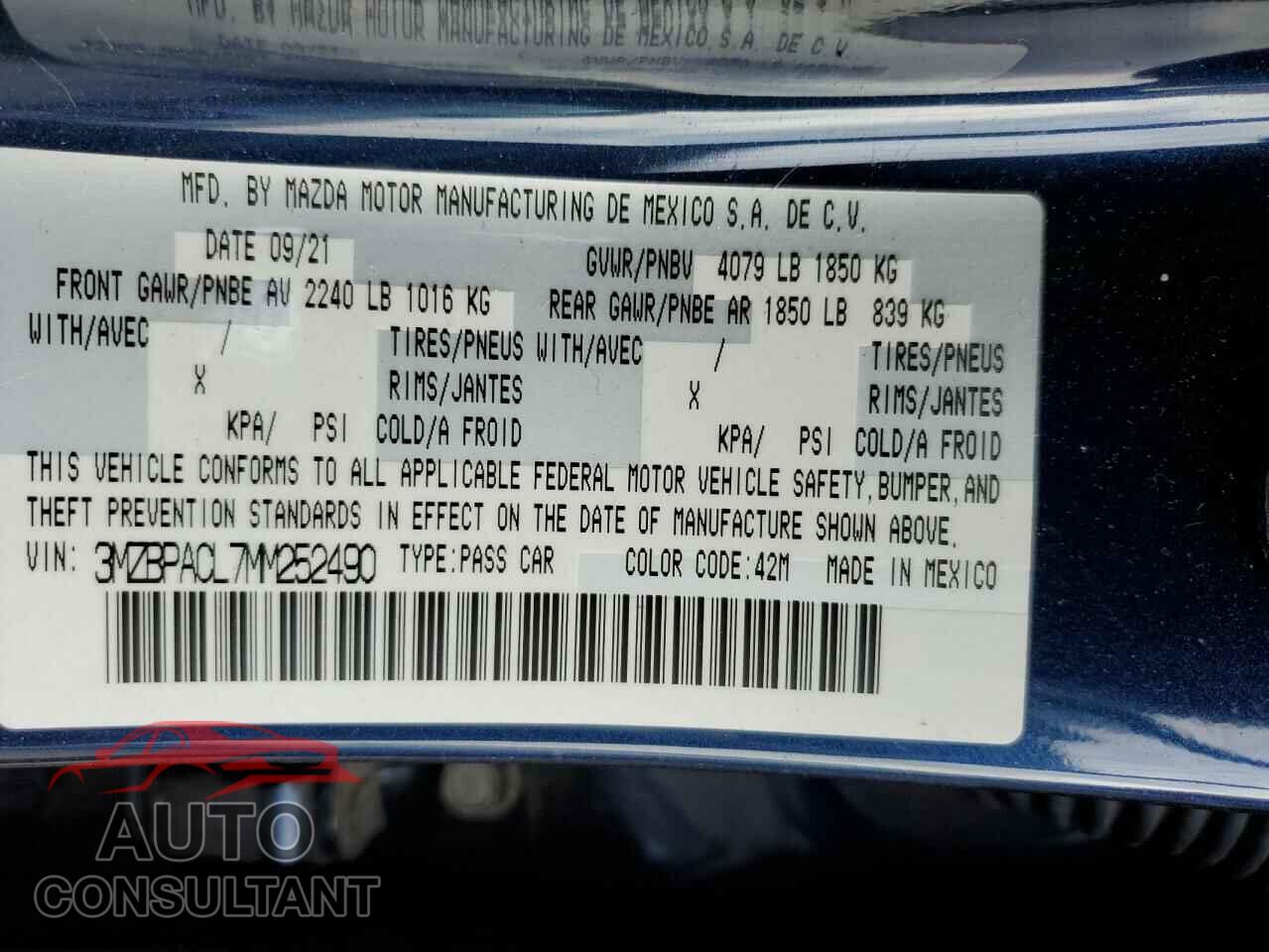 MAZDA 3 2021 - 3MZBPACL7MM252490