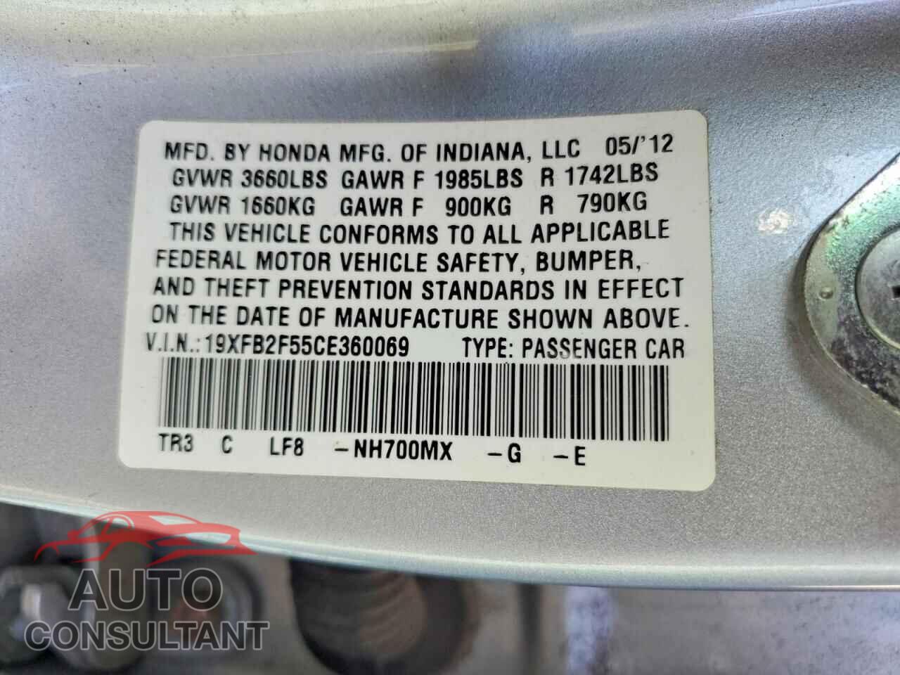HONDA CIVIC 2012 - 19XFB2F55CE360069