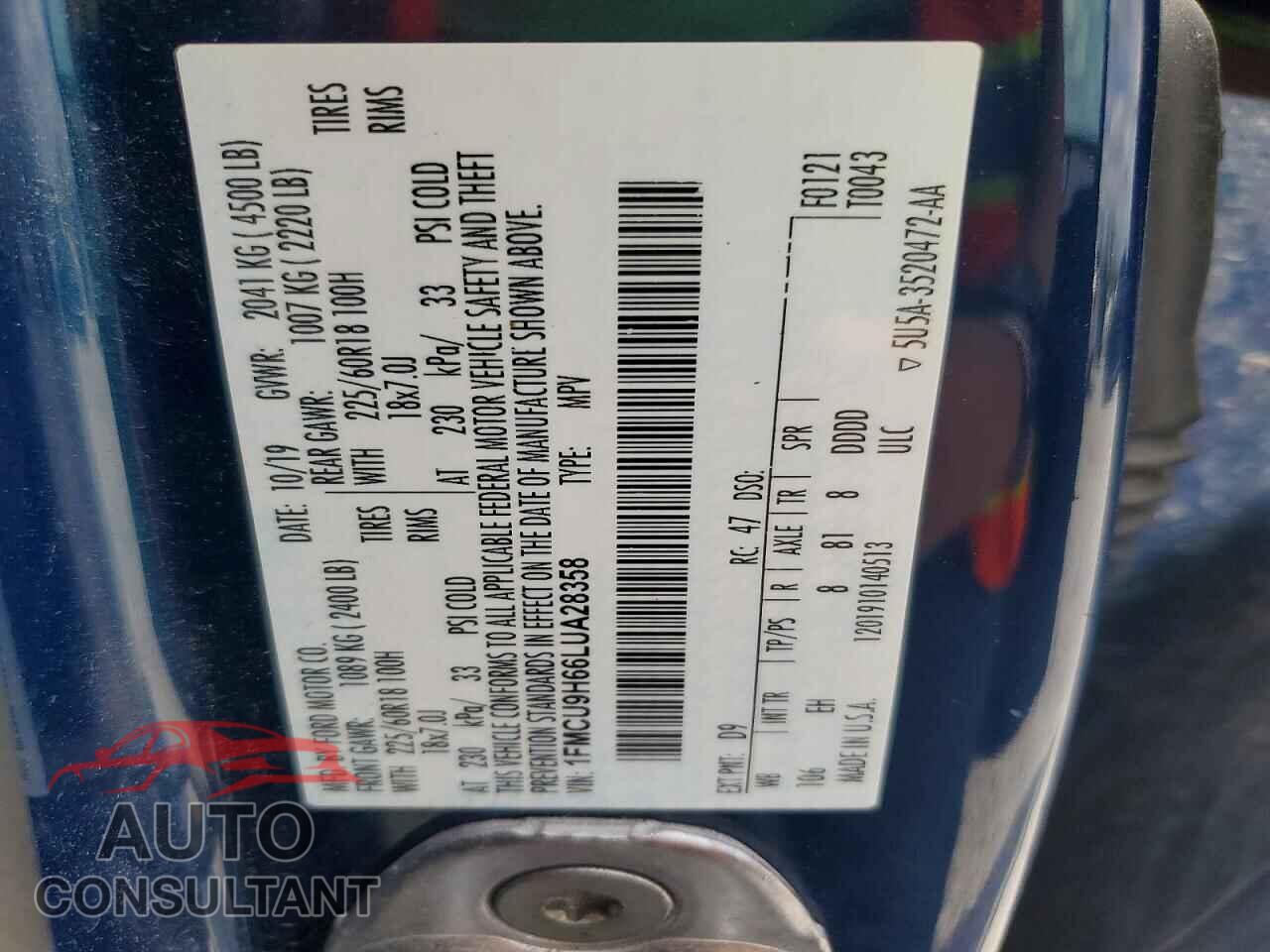 FORD ESCAPE 2020 - 1FMCU9H66LUA28358