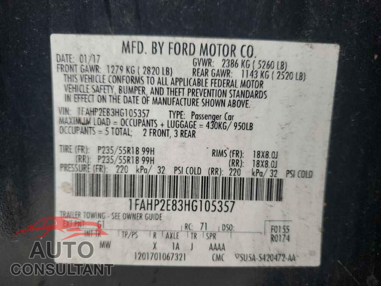 FORD TAURUS 2017 - 1FAHP2E83HG105357