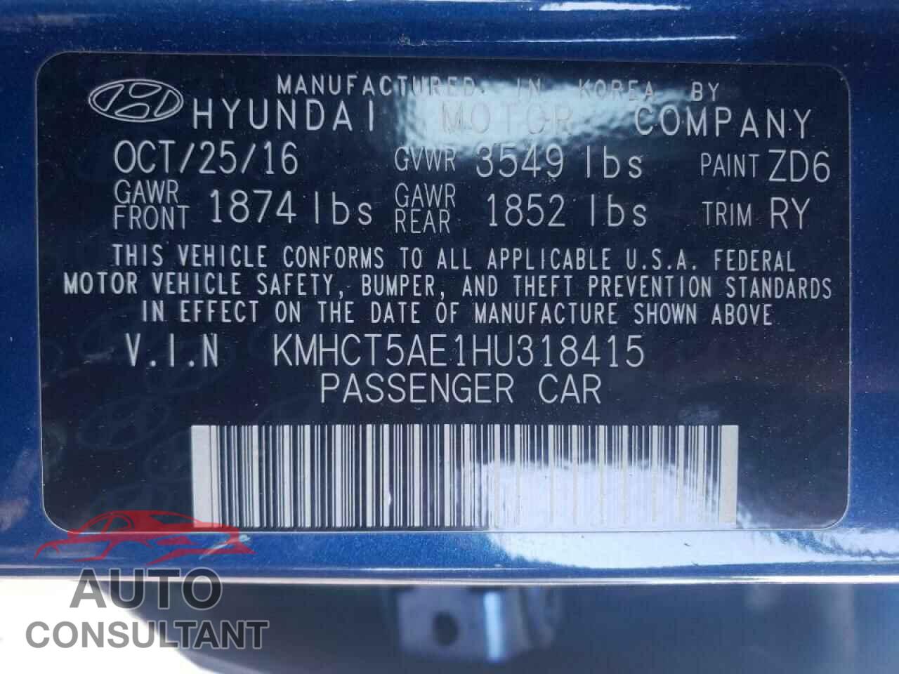 HYUNDAI ACCENT 2017 - KMHCT5AE1HU318415