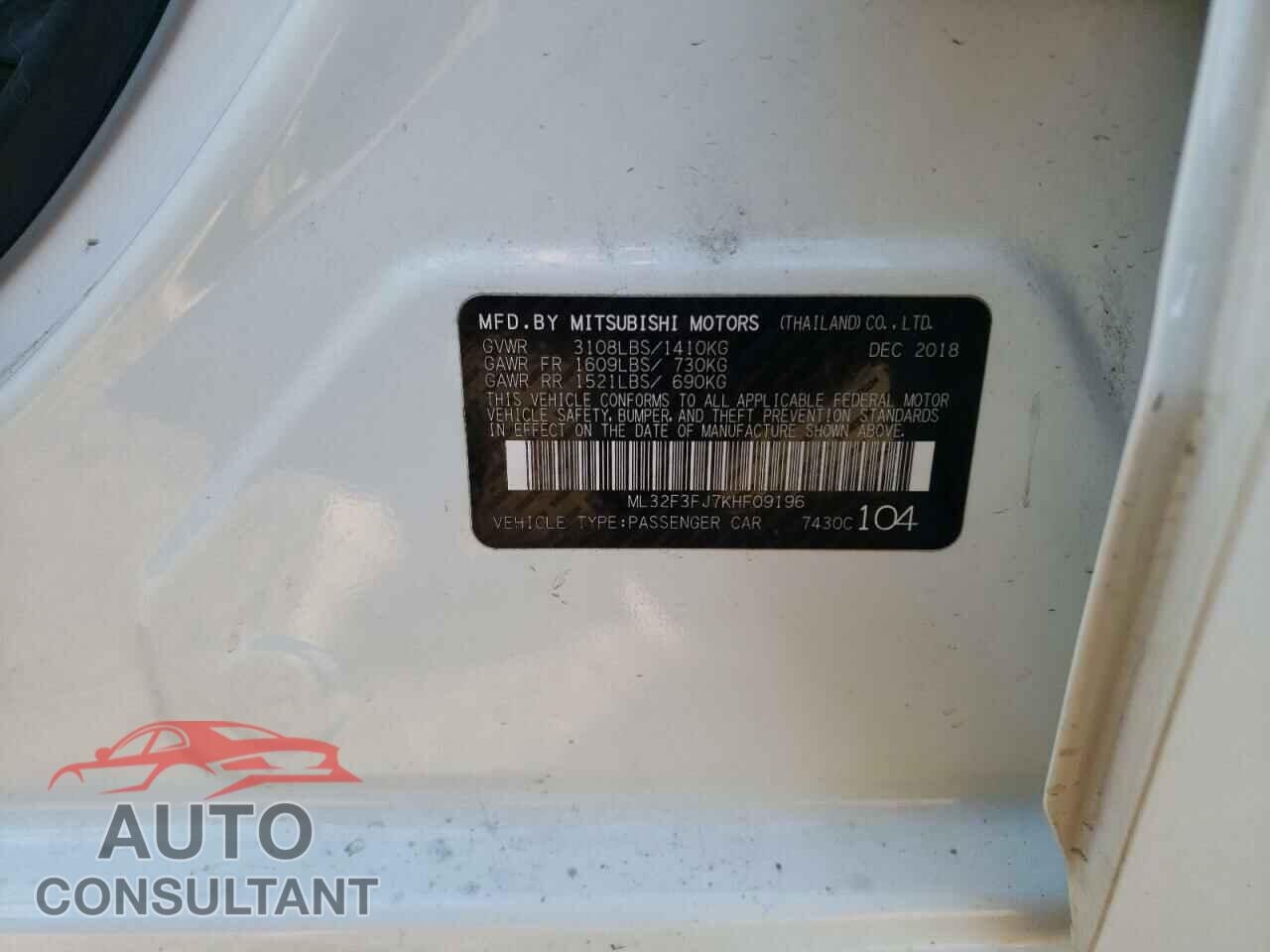 MITSUBISHI MIRAGE 2019 - ML32F3FJ7KHF09196