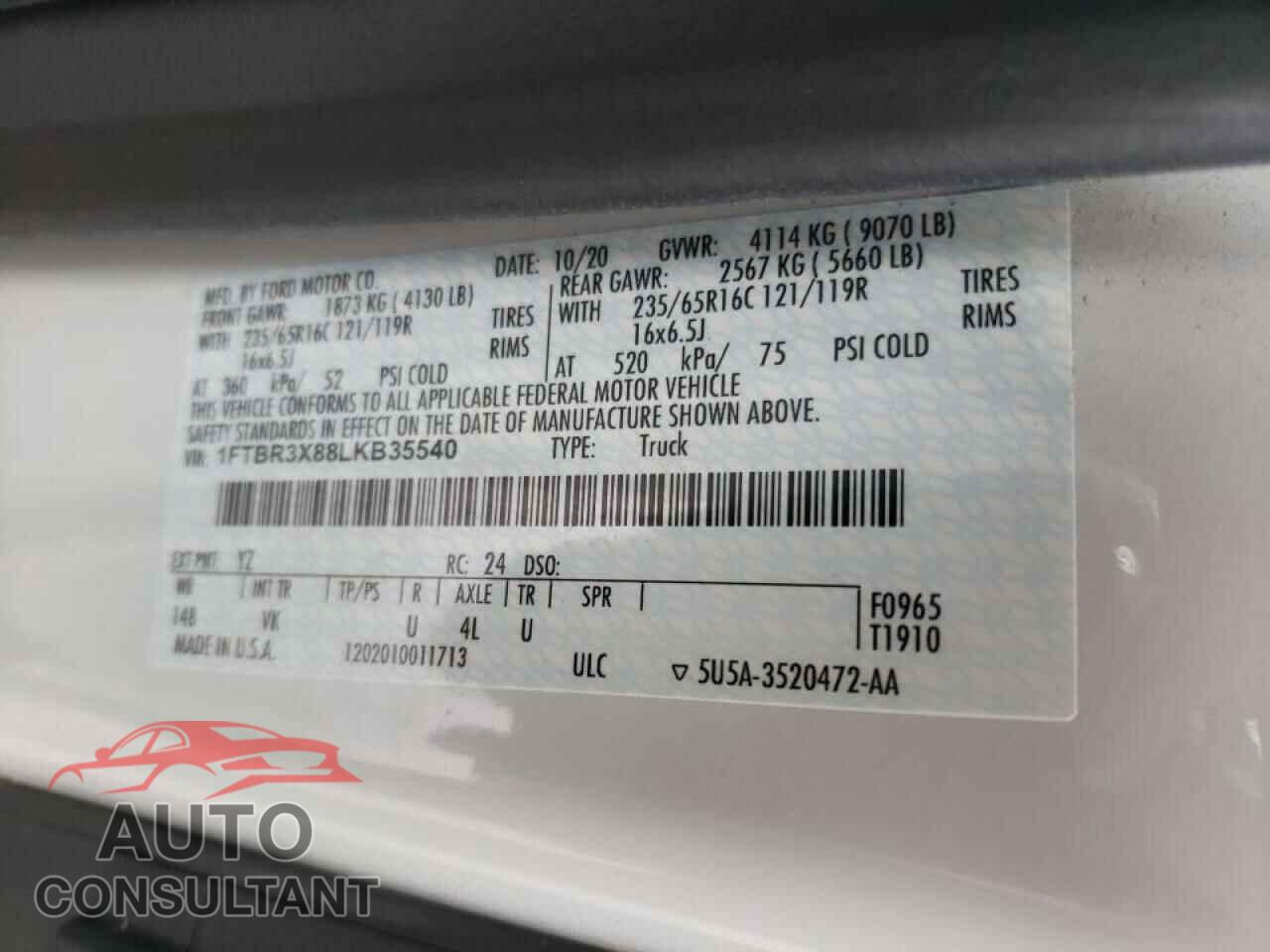 FORD TRANSIT 2020 - 1FTBR3X88LKB35540