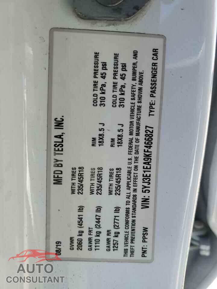 TESLA MODEL 3 2019 - 5YJ3E1EA9KF466827