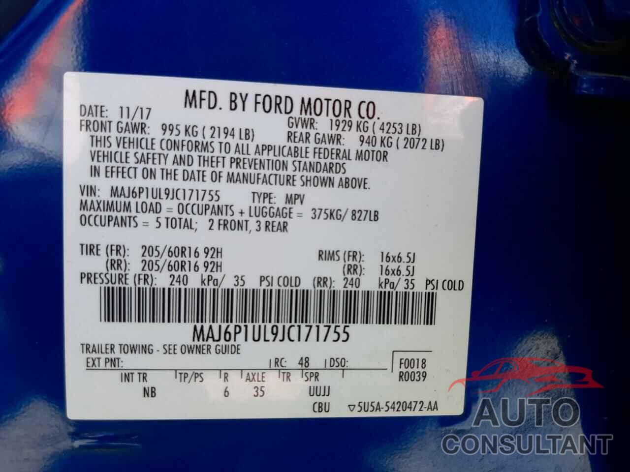 FORD ALL OTHER 2018 - MAJ6P1UL9JC171755