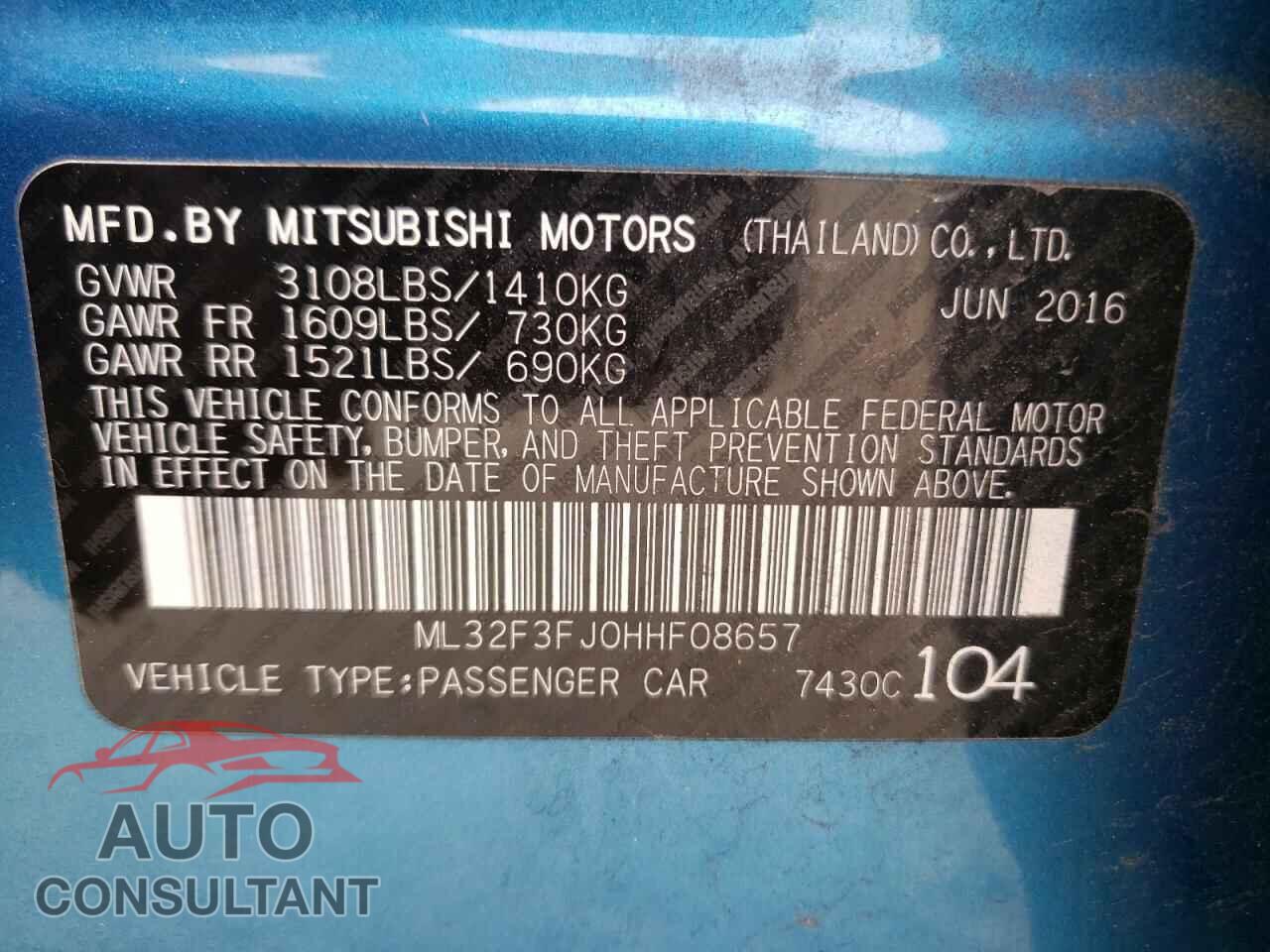 MITSUBISHI MIRAGE 2017 - ML32F3FJ0HHF08657