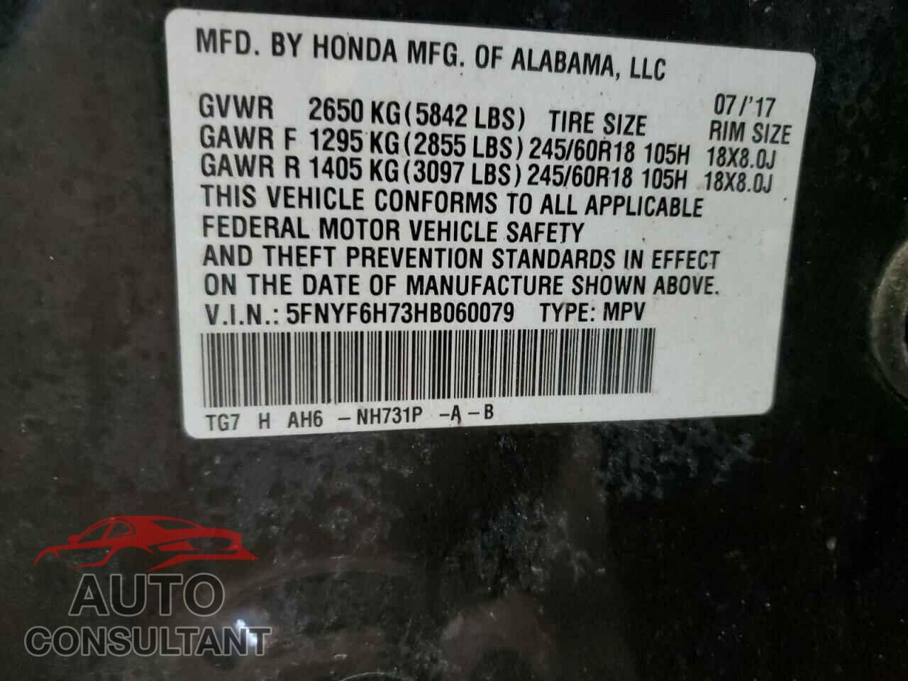 HONDA PILOT 2017 - 5FNYF6H73HB060079