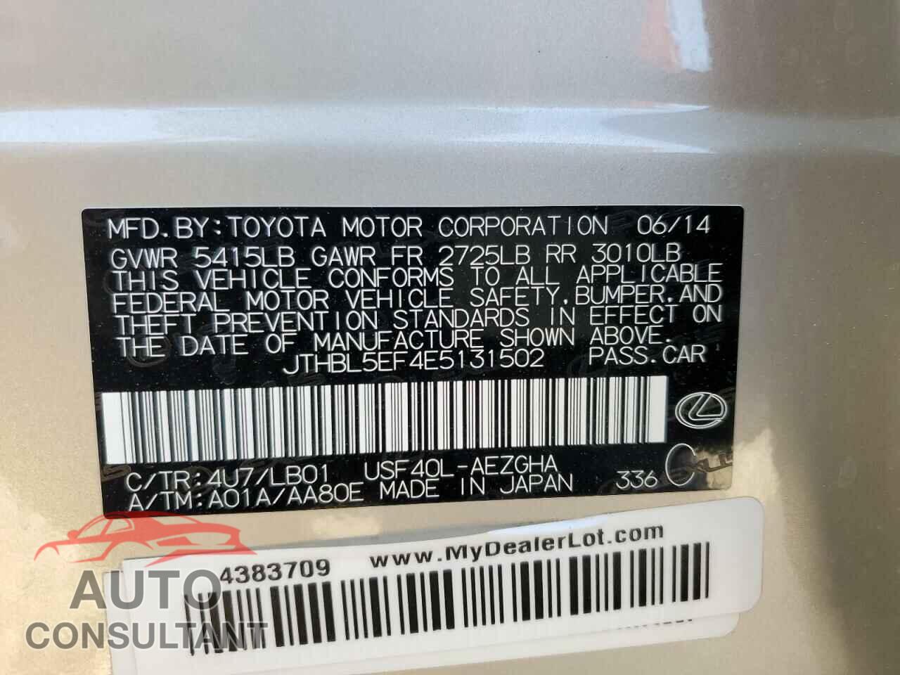 LEXUS LS460 2014 - JTHBL5EF4E5131502