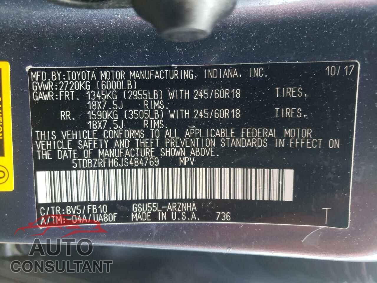 TOYOTA HIGHLANDER 2018 - 5TDBZRFH6JS484769
