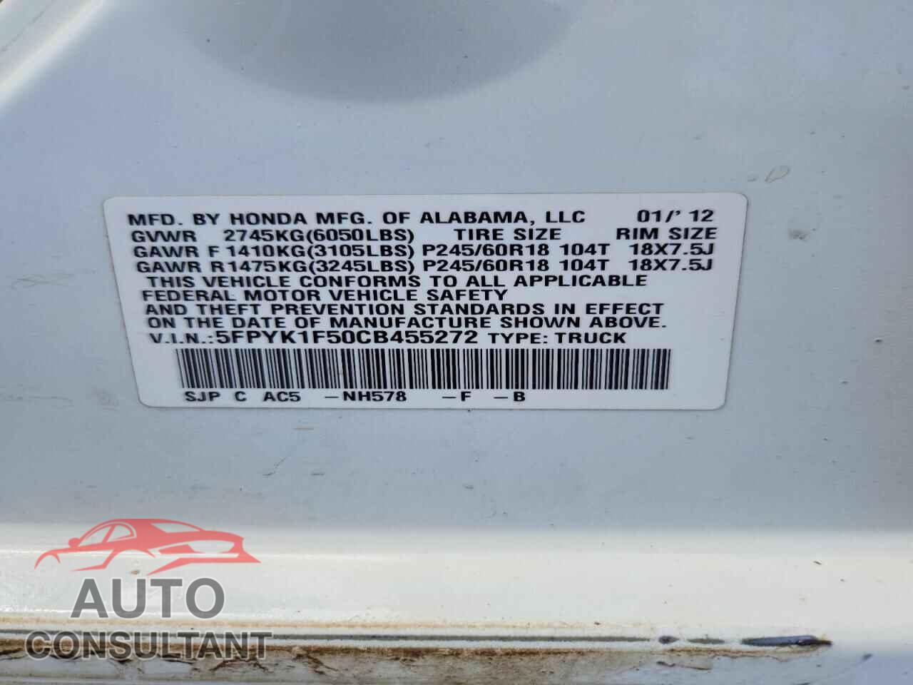 HONDA RIDGELINE 2012 - 5FPYK1F50CB455272