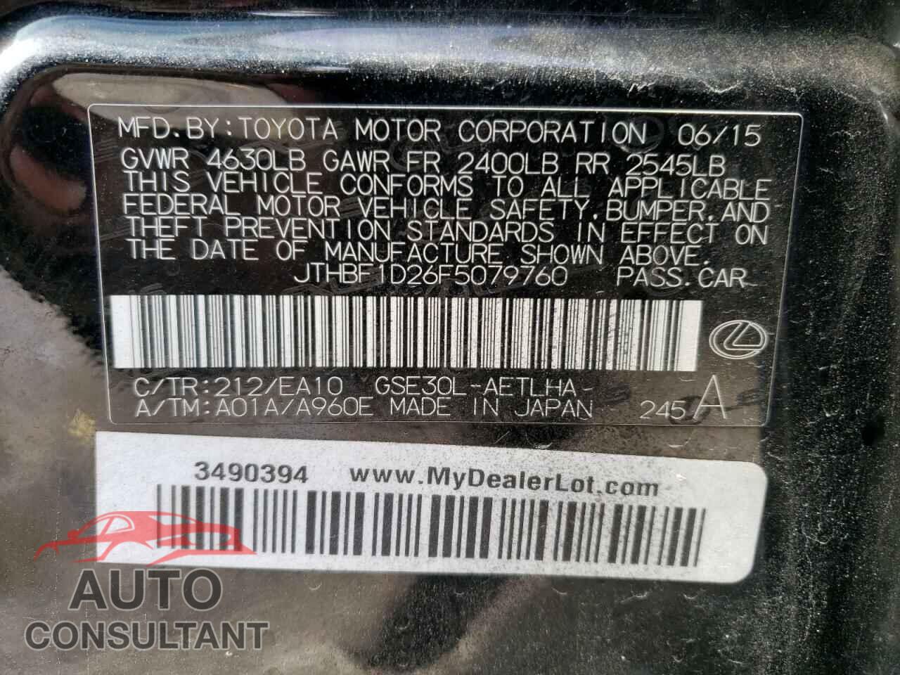 LEXUS IS 2015 - JTHBF1D26F5079760